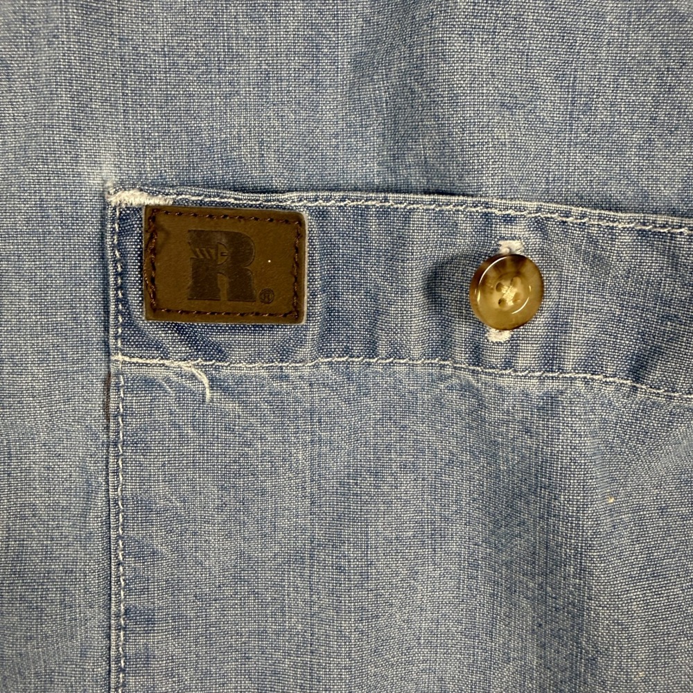 Wrangler Mens Shirt Riggs Workwear L Blue Denim 2-Pocket Distressed Short Sleeve - Picture 4 of 8
